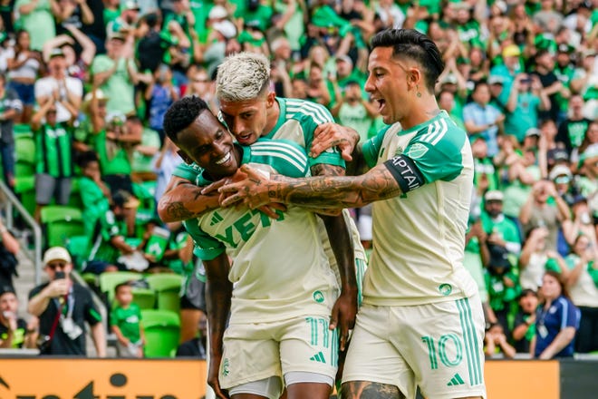 Austin FC forward Jáder Obrian celebrates with teammates after scoring in the first half Saturday against the Los Angeles Galaxy at Q2 Stadium.